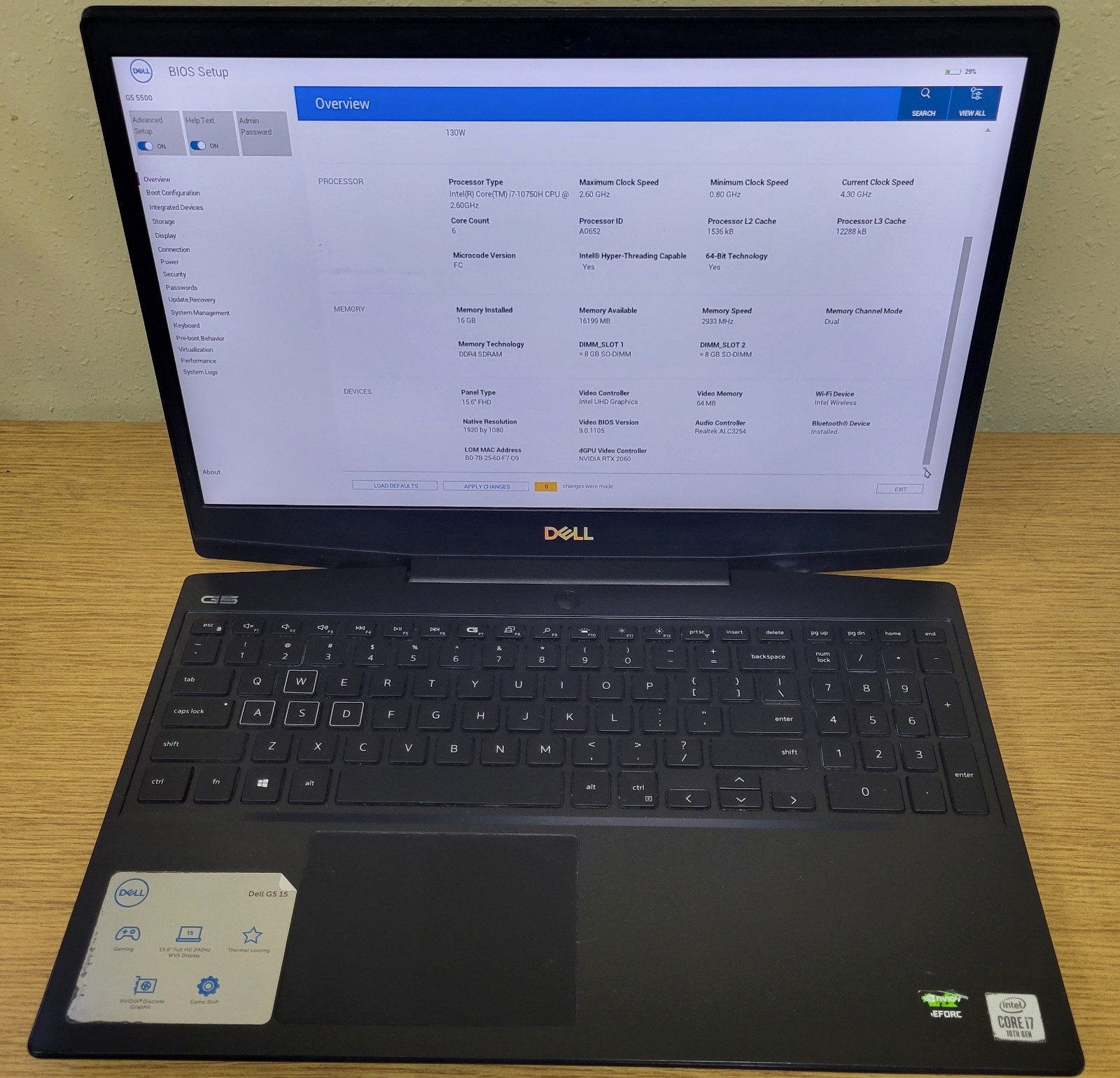 Dell Gaming Laptop G5 15 5500 i7-10750H 2.60GHz 16GB 512GB NVMe Rtx 2060 No OS