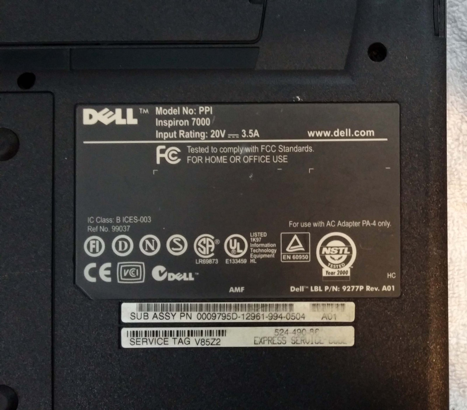 Dell Inspiron 7000 PPI Laptop Service Tag V85Z2 P/N 9277P Rev. A01 For Parts