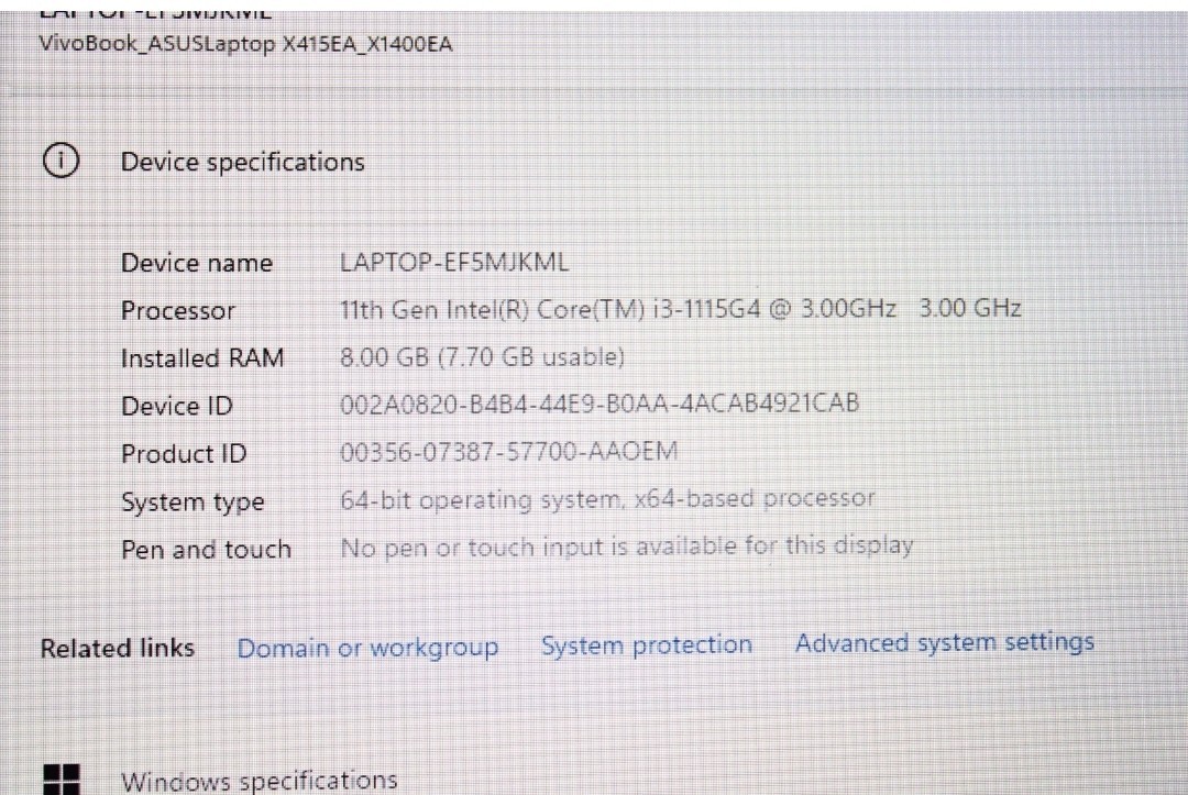 ASUS Vivobook X1400EA-I38128 i3-1115G4 3.0GHz 8GB RAM 128GB SSD UHD Graphics