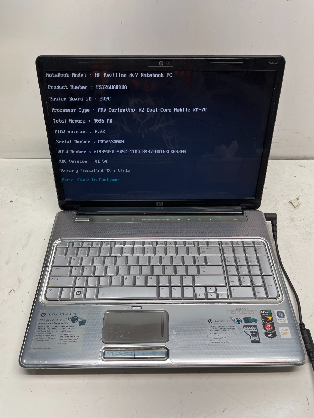 HP Pavilion dv7-1130US AMD Turion X2 Dual-Core 4GB NO HDD