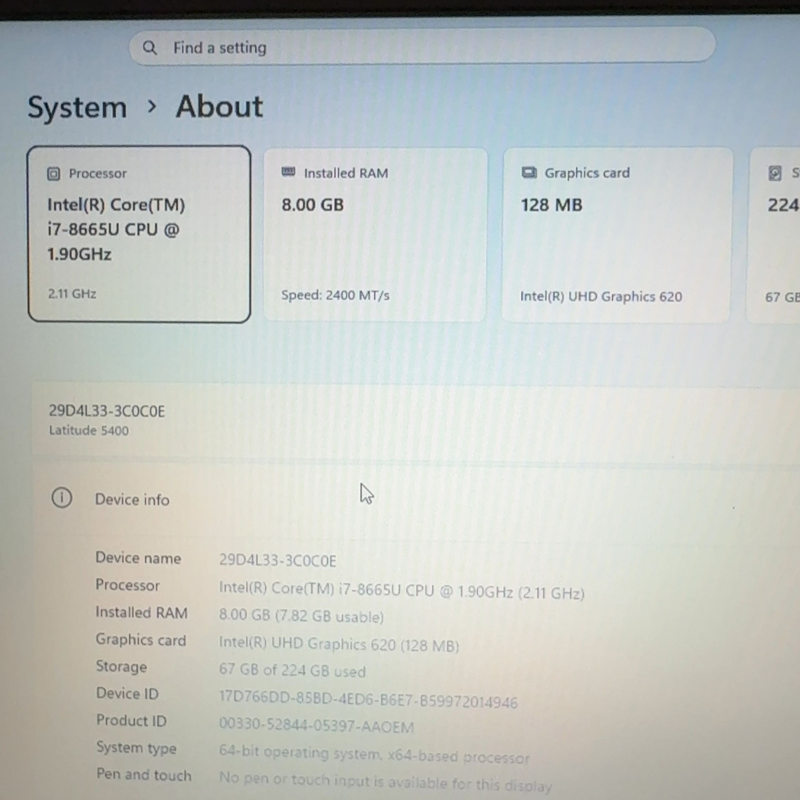 Dell Latitude 5400 14″ i7-8665U 1.9GHz 8GB RAM 240GB SSD Win 11 Pro
