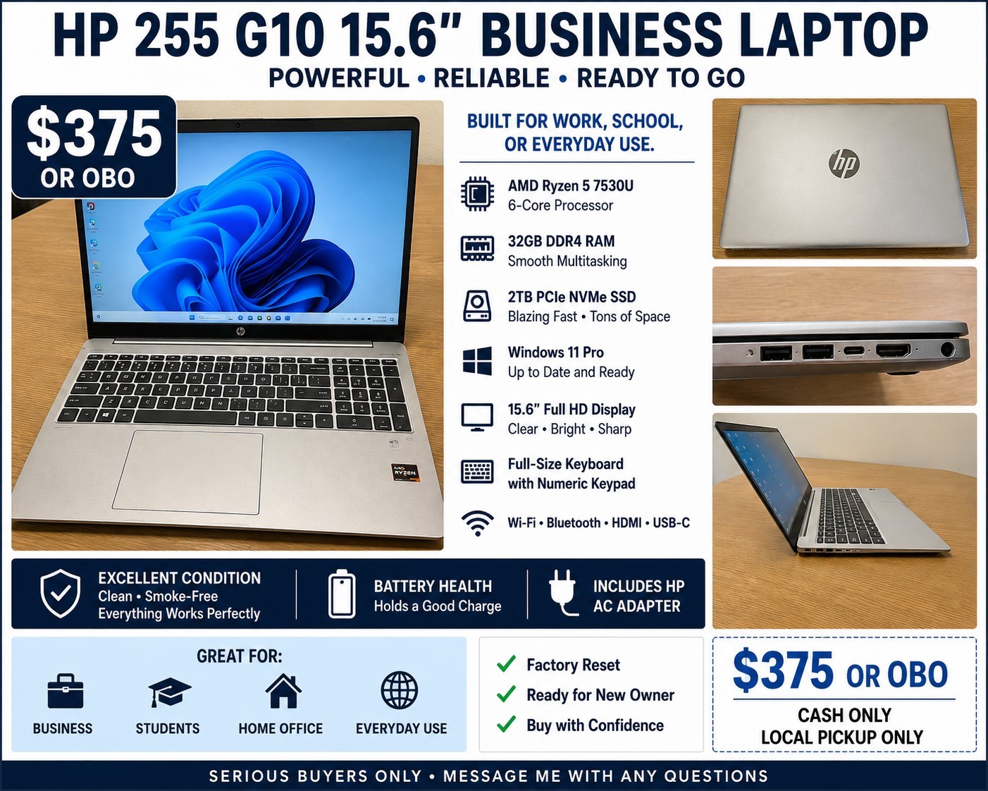HP 255 G10 Business Laptop, 15.6″ FHD Display, 4-core AMD Ryzen 3 7330U