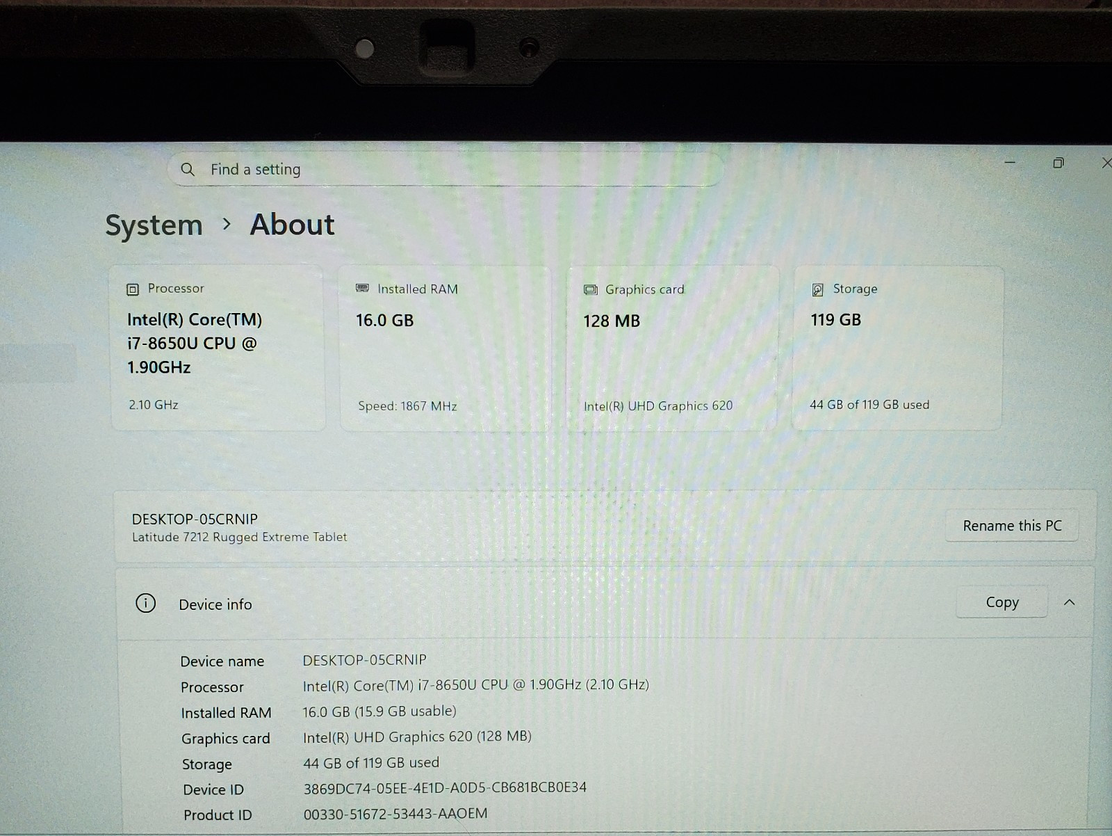 Dell Latitude 7212 Rugged Ext/ i7-8650U 1.9G/16G Ram/128G M.2/Win11Pro(SEE DESC)