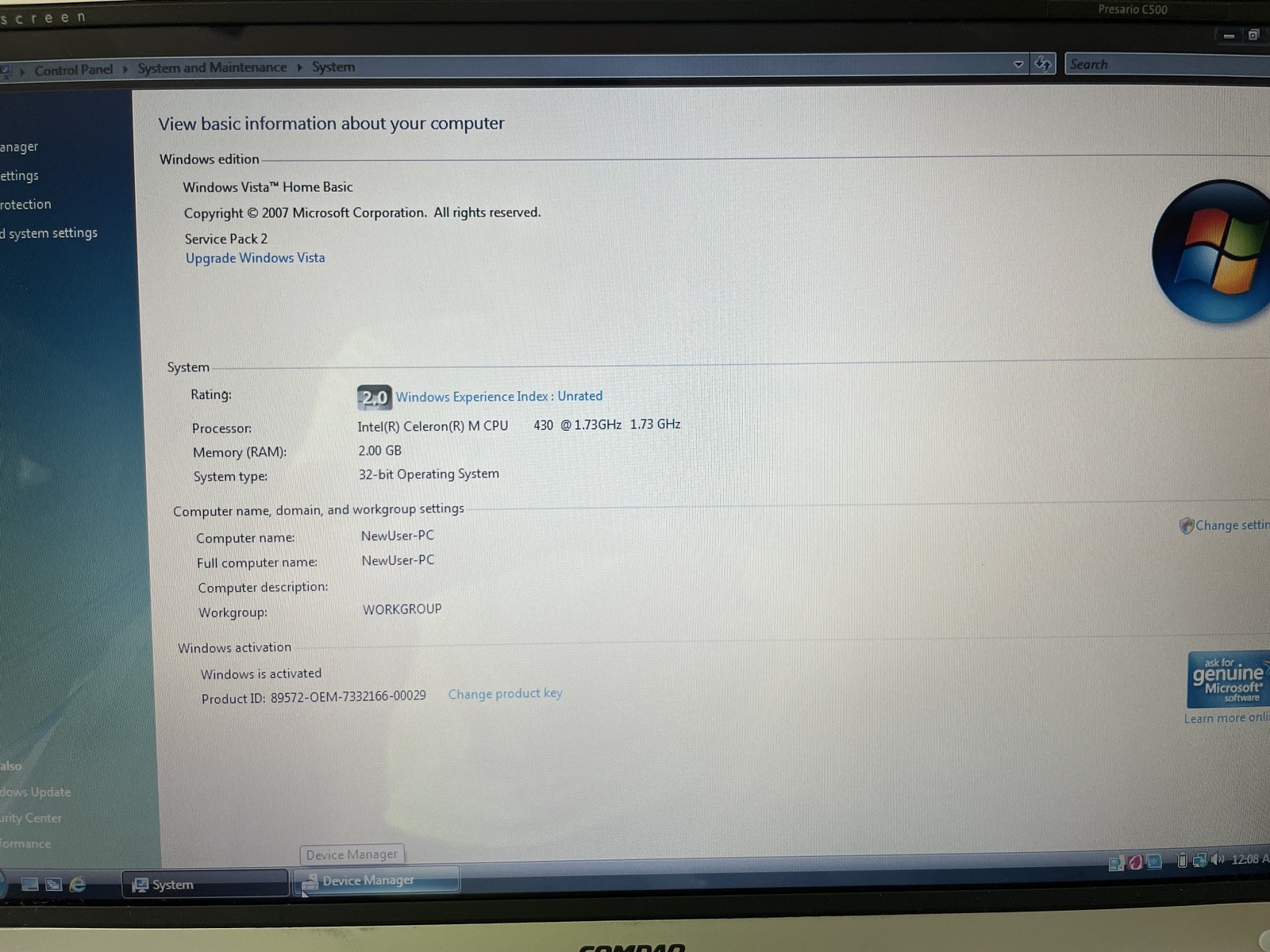 Compaq C500 15” Windows Vista Laptop