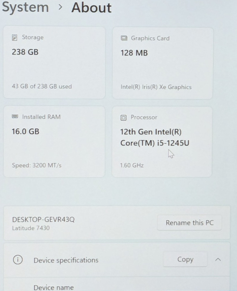Dell Latitude 7430 14″ i5-1245U 1.60GHz 16GB 256GB SSD W11H 5QK4JR3
