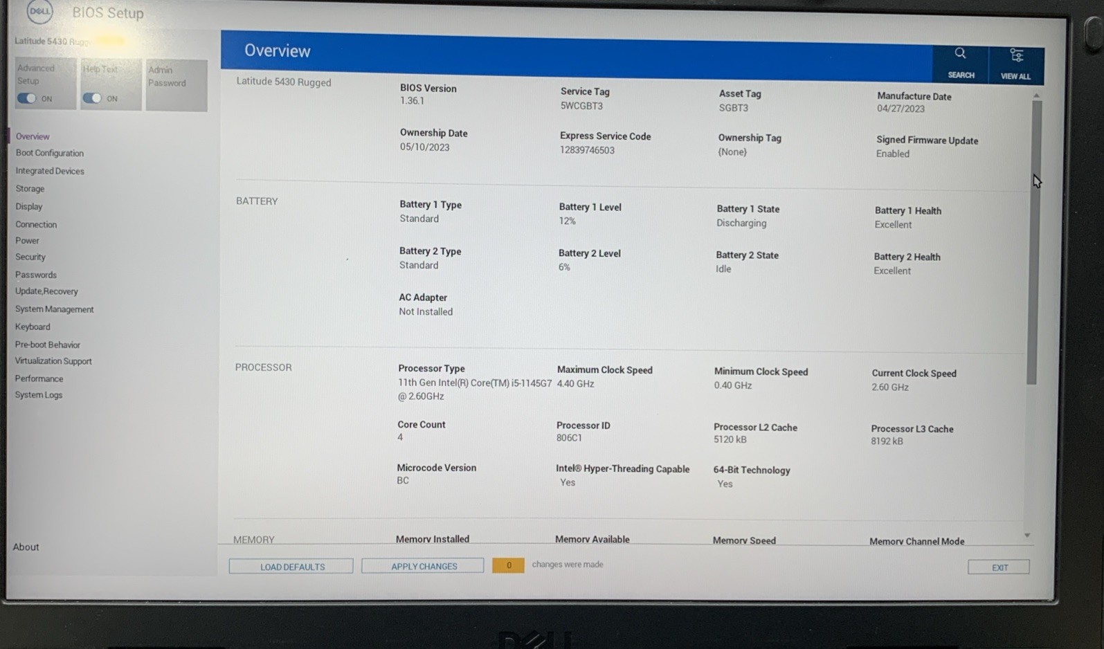 Dell Latitude 5430 Rugged, Core i5-1145G7 @ 2.6GHz, 16GB RAM, No SSD, No OS