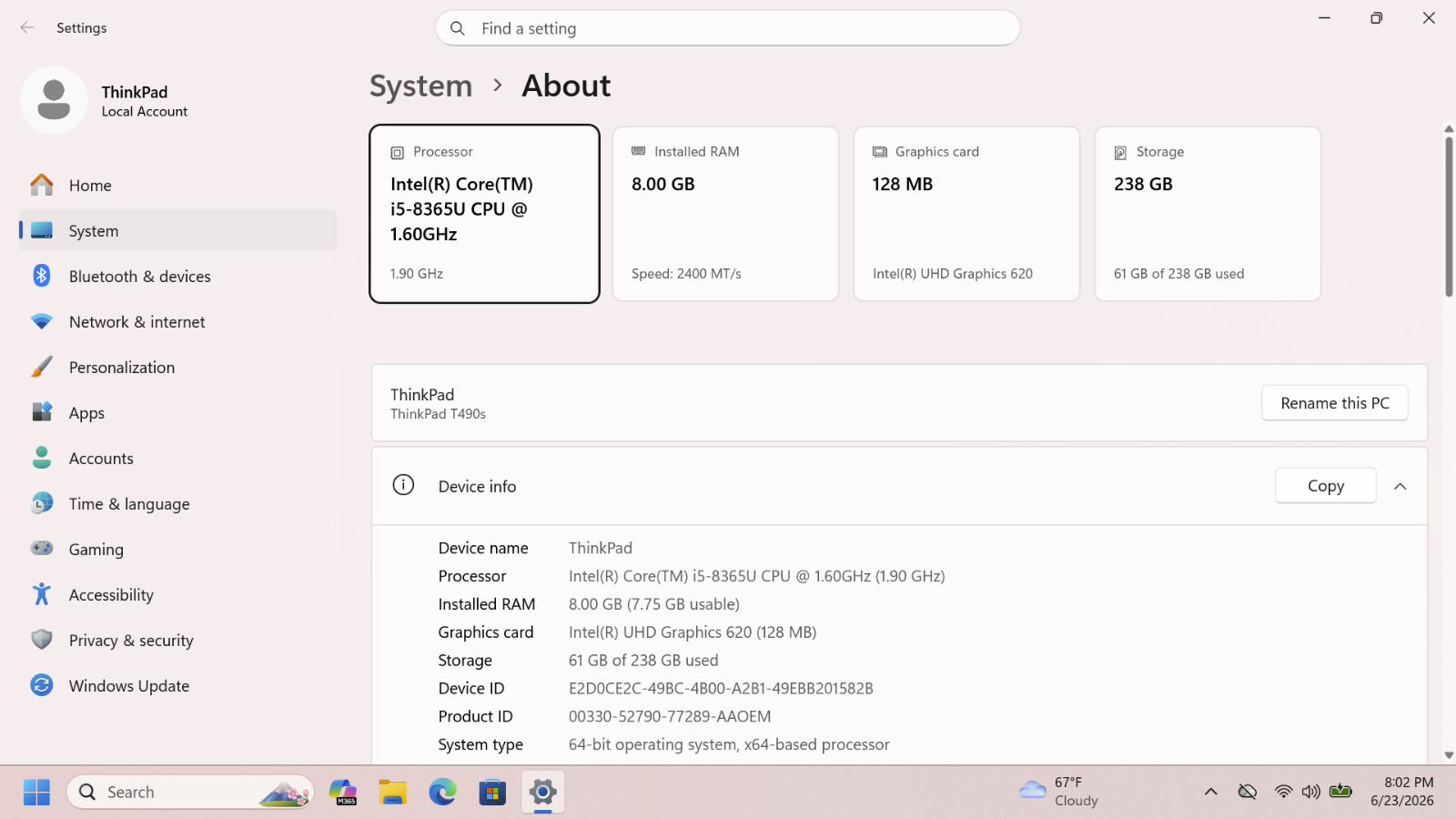Lenovo ThinkPad T490s (256GB SSD, Intel i5-8365U @1.6GHz ,8GB) [Win 11 Pro 25H2]