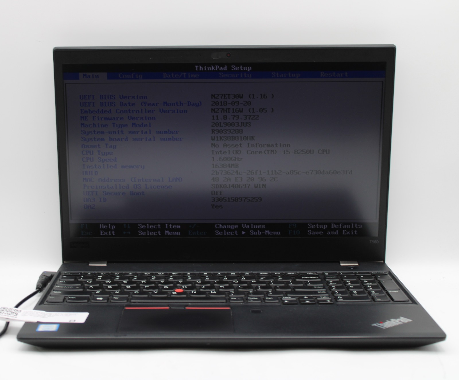 Lenovo ThinkPad T580 i5-8250U @ 1.6 Ghz 16GB RAM 240GB SSD No OS No Battery