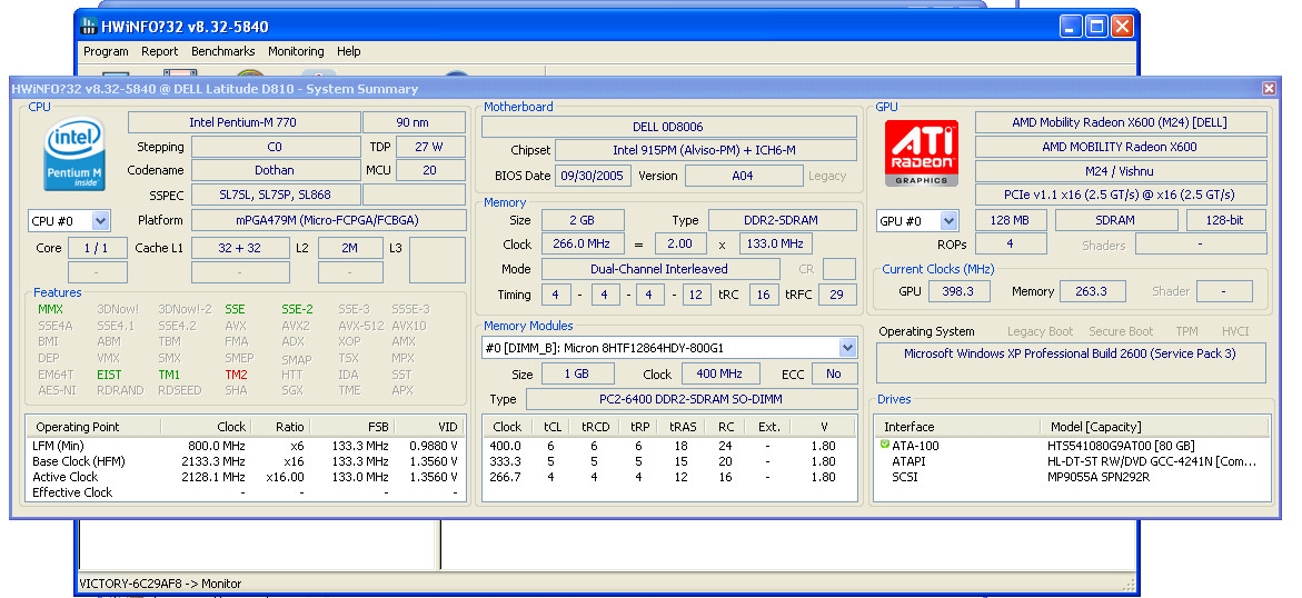 Dell Latitude D810 15.4in 1920×1200 screen AMD X600 Graphic card
