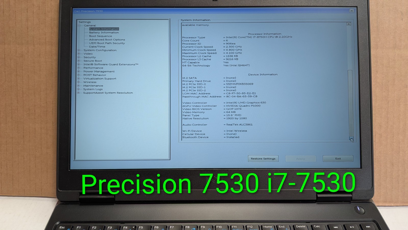 Dell Precision 7530 15.6″ FHD i7-8750H 32GB Ram 512GB Quadro P1000 W11P W/AC