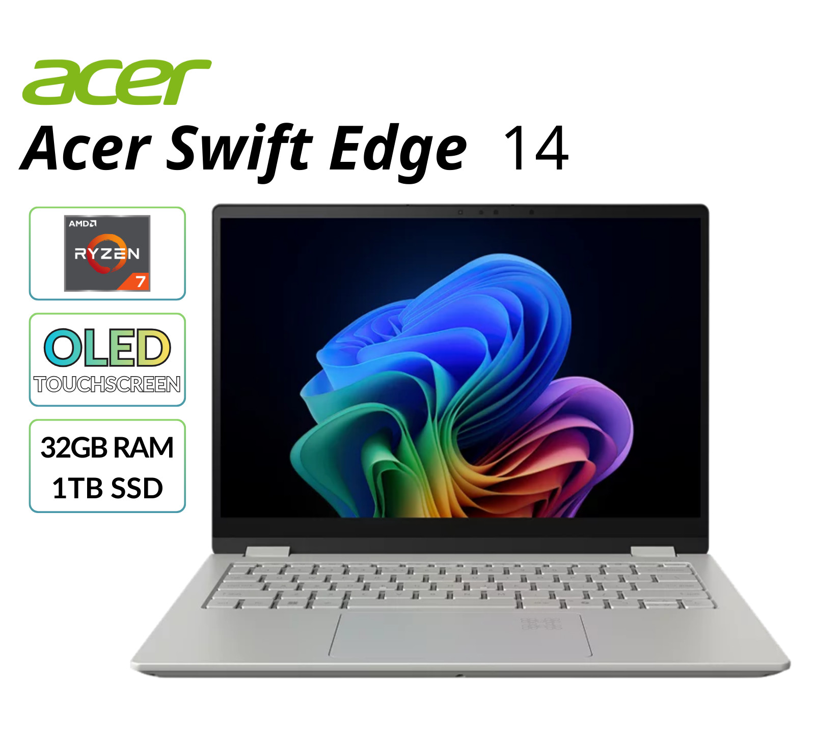 Acer Swift Edge 14″ OLED Laptop AMD Ryzen 7 7840U 32GB RAM 1TB SSD AMD Radeon