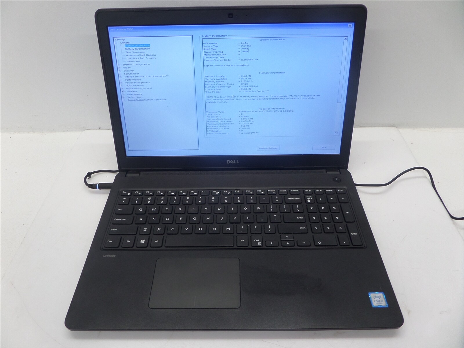 Dell Latitude 3580 15.6″ Laptop w/ i5-7200U 2.50GHz CPU & 8GB RAM – No HDD/Batt.