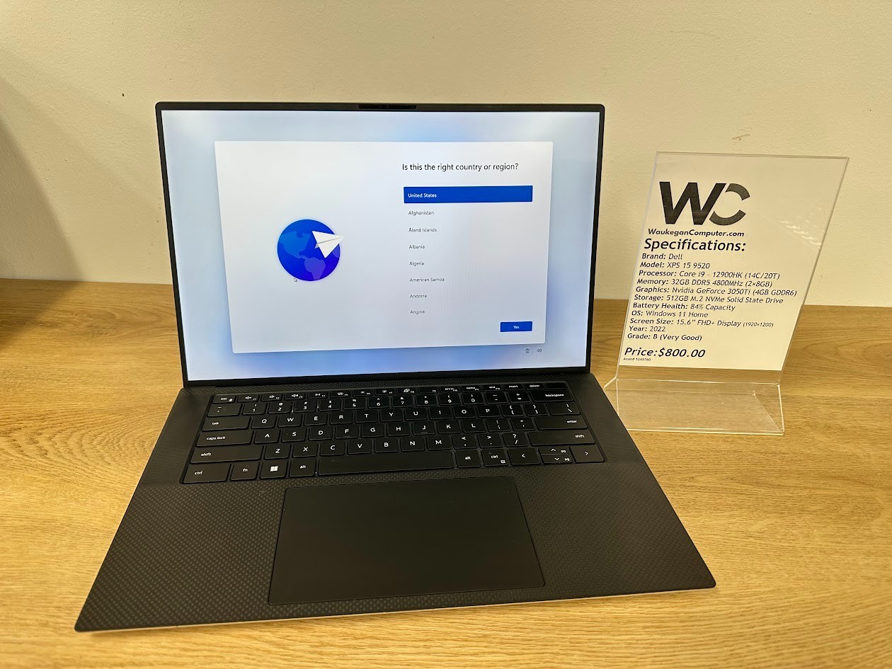 Dell XPS 15 9520, Core i9 12900HK, 32GB DDR5, Nvidia GeForce 3050Ti, 512GB SSD