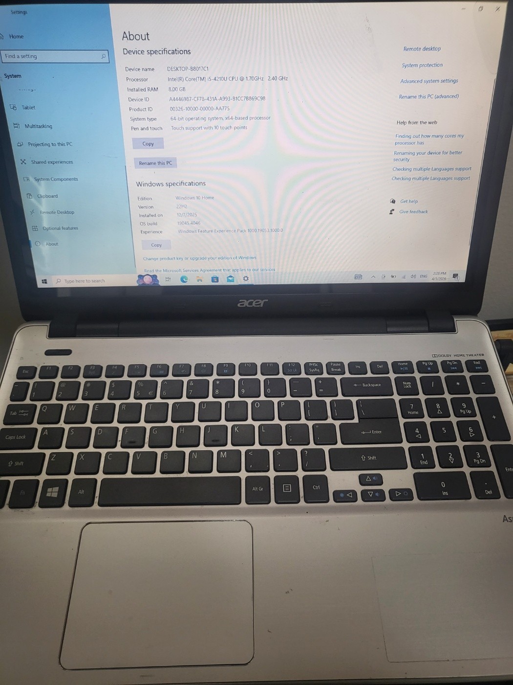 Acer Silver 15.6″ V3-572P-51BA Laptop with Intel Core i5-4210U 8GB 1TB touchscre