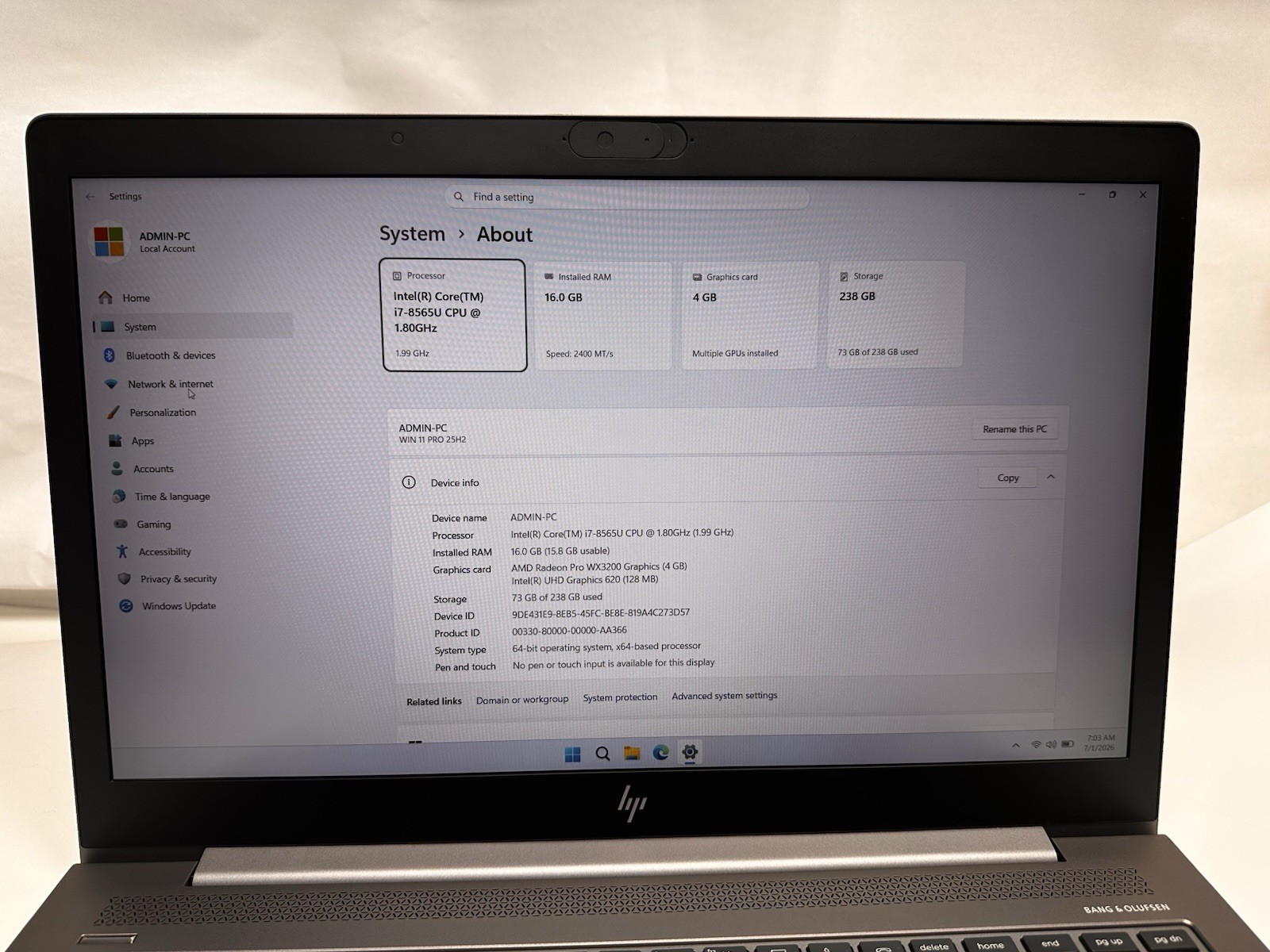 HP ZBook 15U G6 I7-8665U 256GB SSD Nvme 16GB Gpu Radeon Pro WX3200 Win11 Grade A