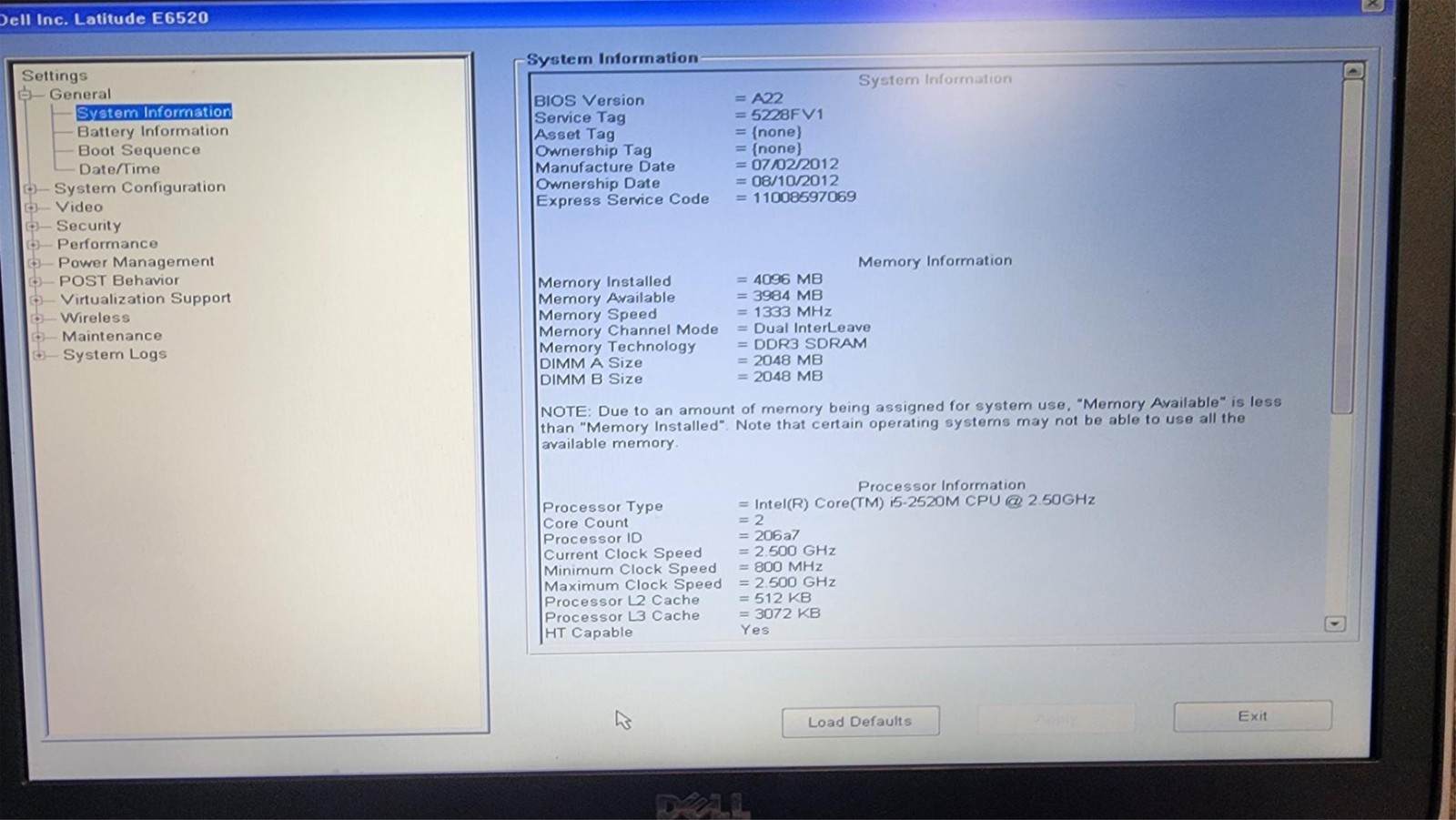 Dell Latitude E6520 i5-2520M CPU 8GB RAM DVD +/- RW No Adapt, OS, HDD, Battery