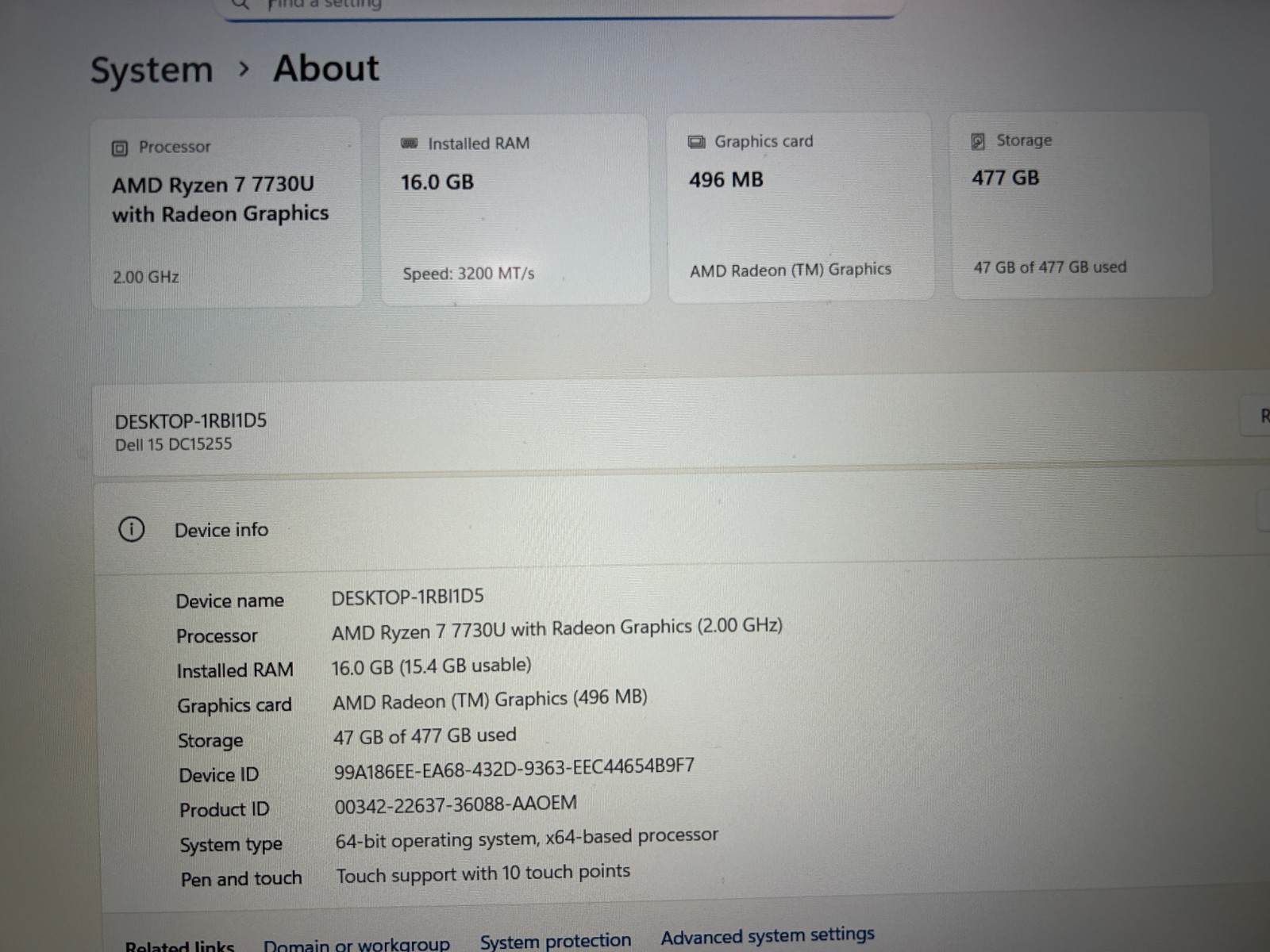 DELL 15 DC15255 G8MK9, AMD Ryzen 7 7730U, 2.00 GHz, 16 GB RAM 512 GB NVMe