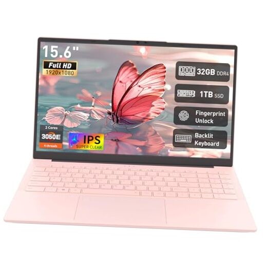 15.6″ FHD Laptop, 32GB RAM + 1TB SSD, WiFi 5/ USB 3.0/ Full USB-C/HDMI, Pink
