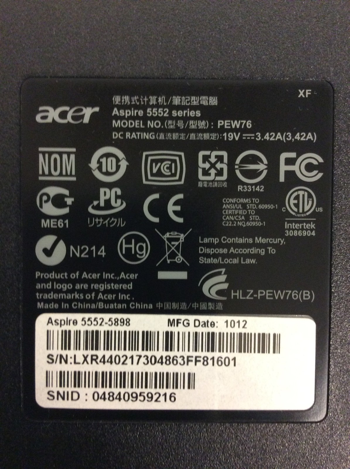 Acer 5552 Laptop Amd Phenom II N830 Triple-Core 2.10Ghz w/ 750GB HD, 4GB