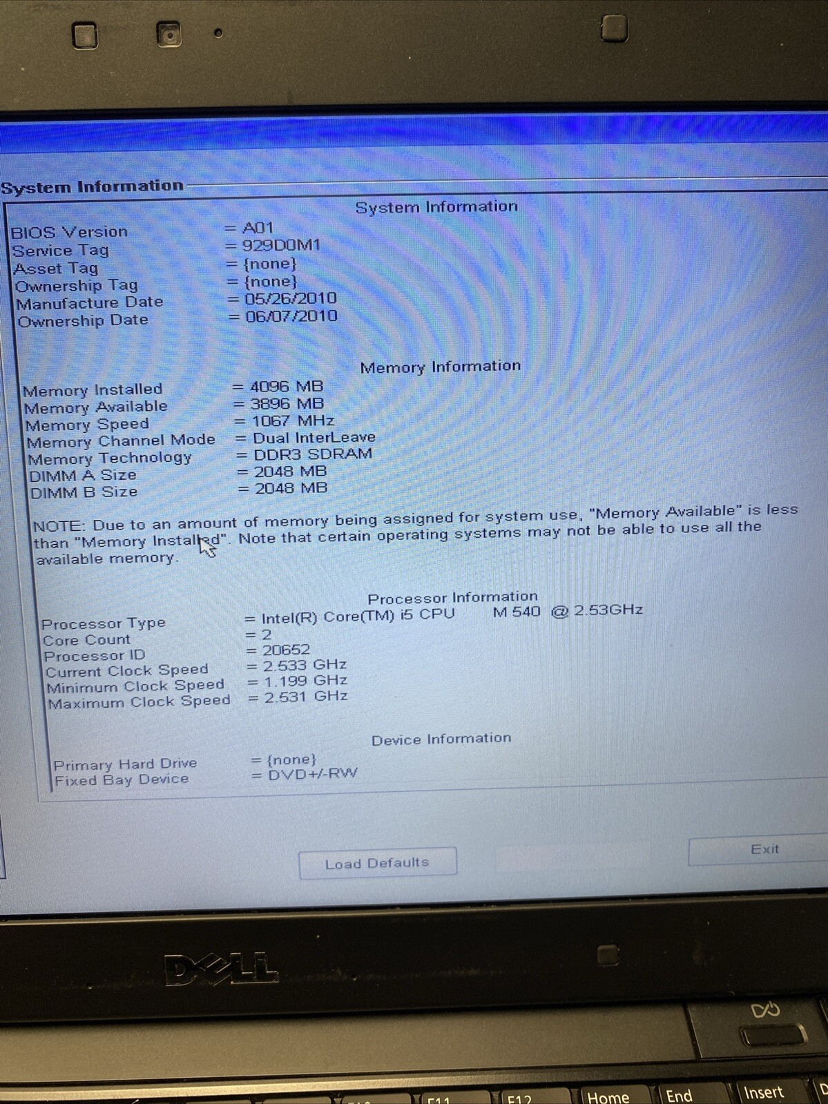 *PARTS* Dell Latitude E4310 Laptop Intel i5-540M 2.53GHz 4GB RAM No HDD/OS