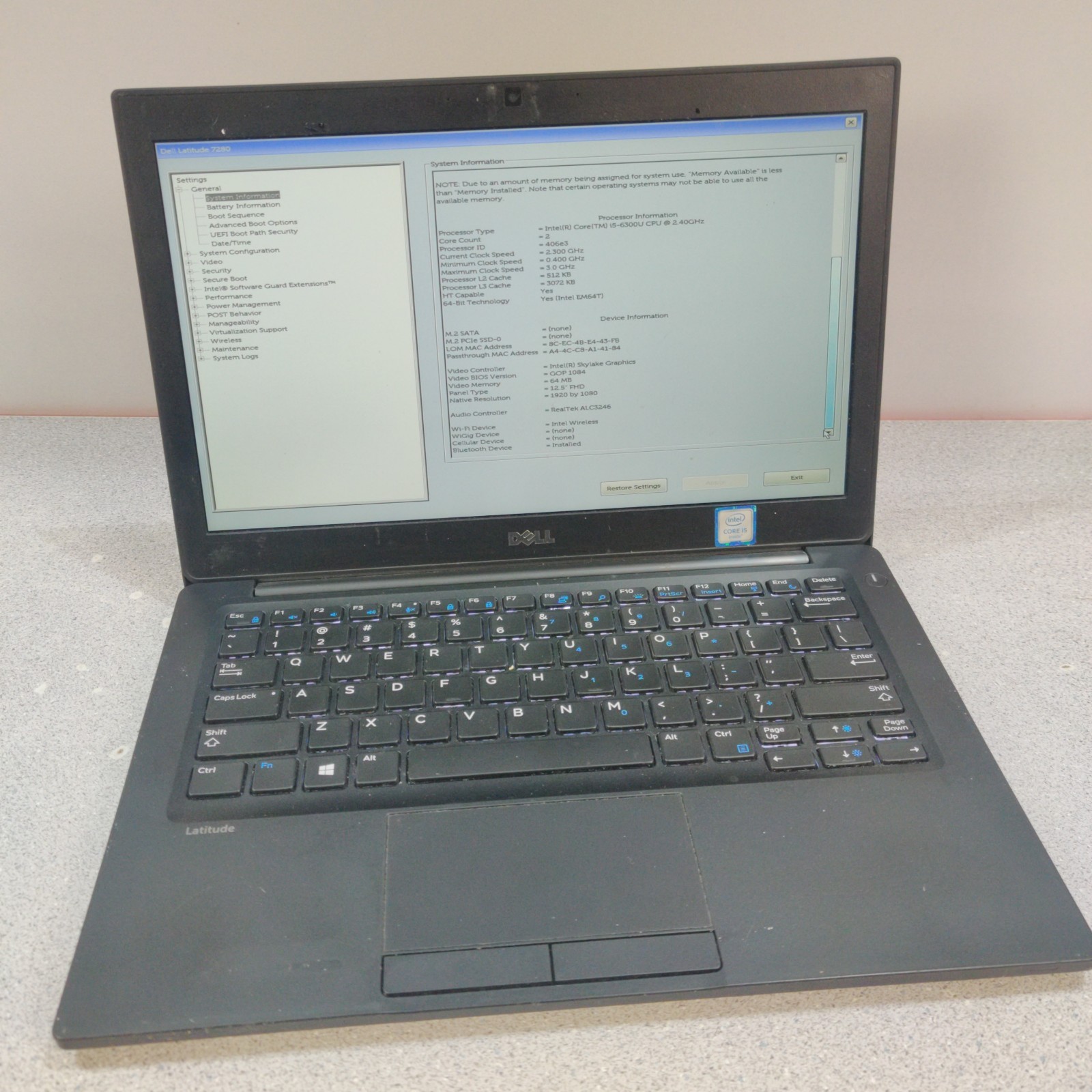Dell Latitude 7280 Laptop i5-6300U 2.4Ghz 16GB RAM NO SSD/OS/AC ADAPTER USED