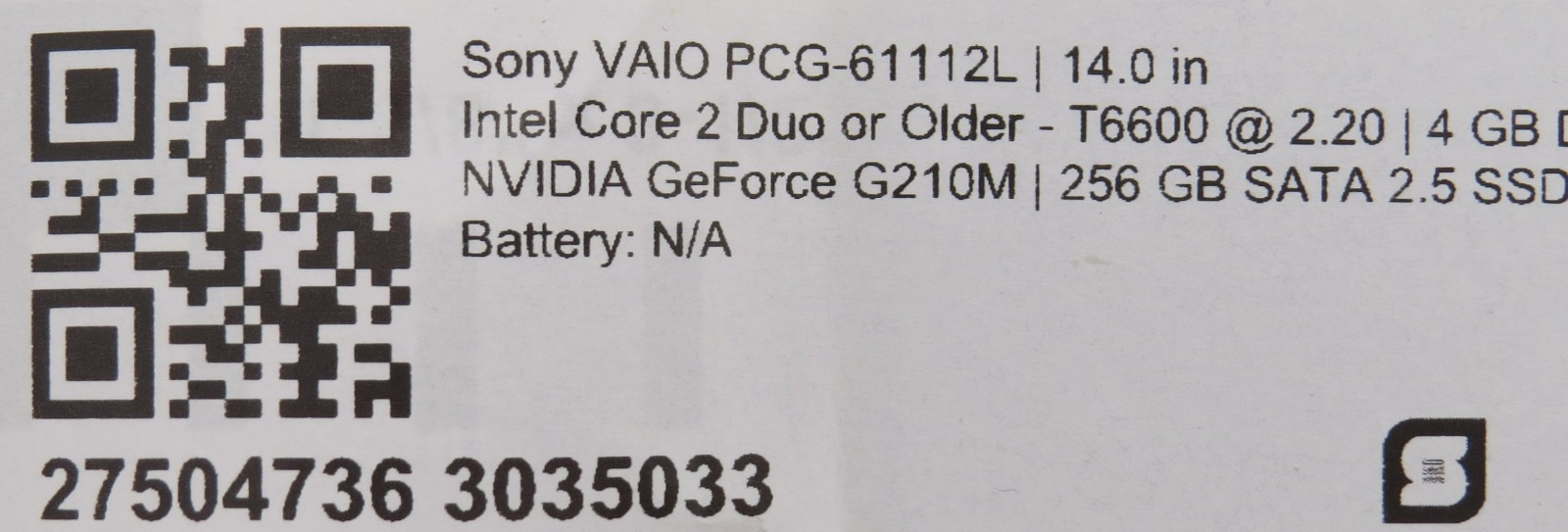Sony Vaio | 76600 | 4GB DDR3 | 256GB SSD | GeForce G210M | 14″ | No OS/Battery