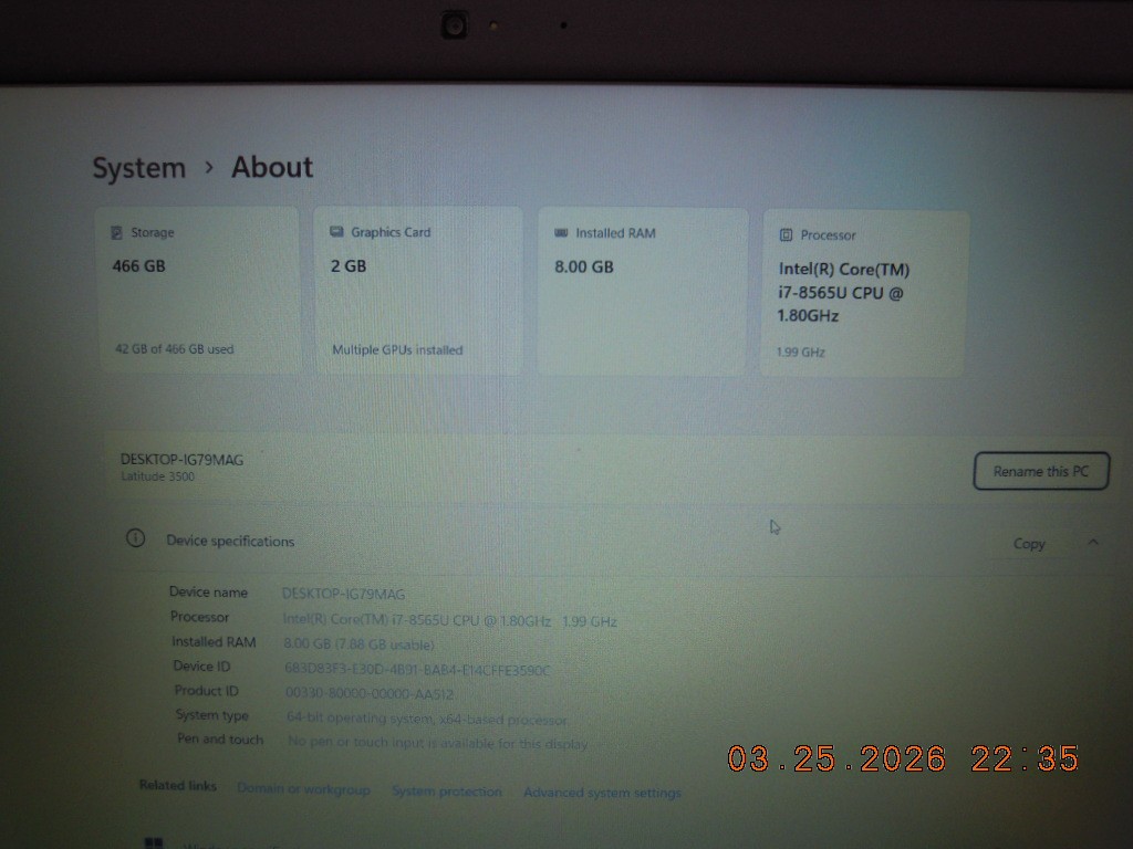 Dell Latitude 3500 Laptop i7-8565U @ 1.80GHz 8GB RAM 512GB M.2 Wins 11 Pro MX130