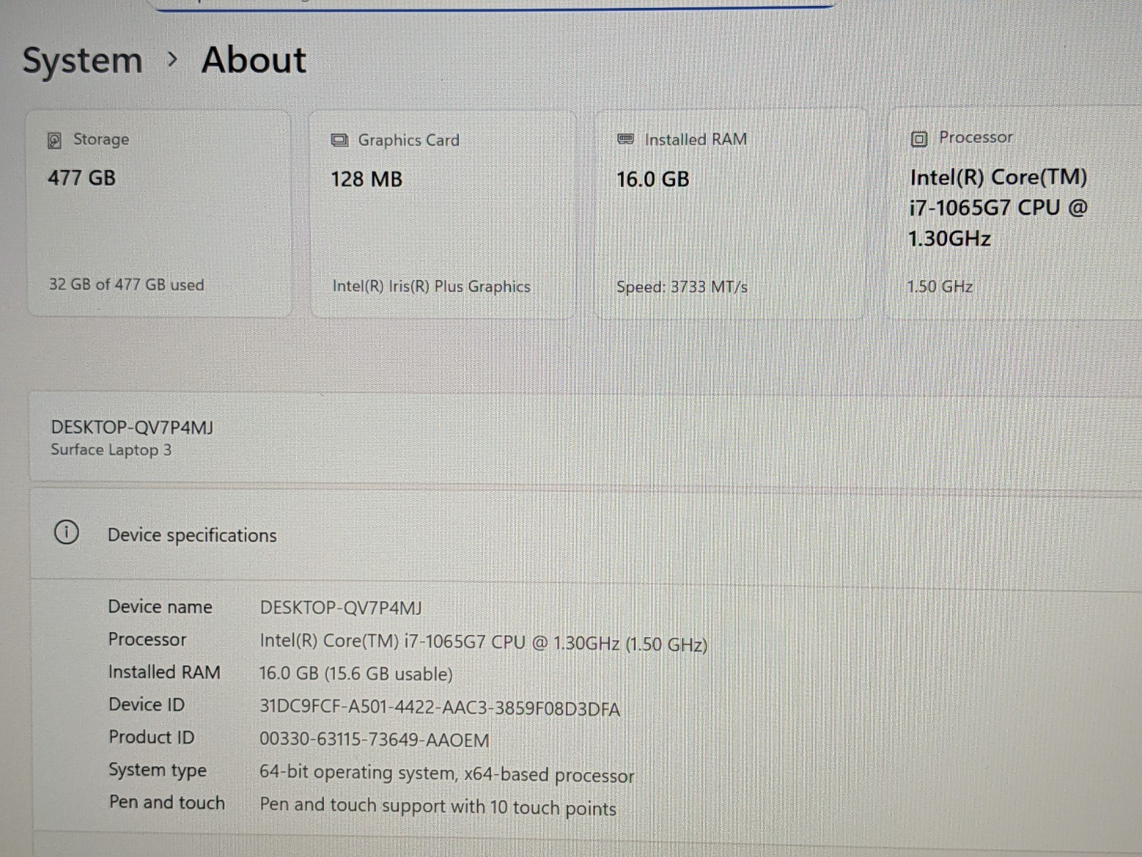 MS Surface Laptop 3 1872 15″ 2496×1664 TOUCH i7-10th Gen 1.3GHz 16GB 512GB AS-IS