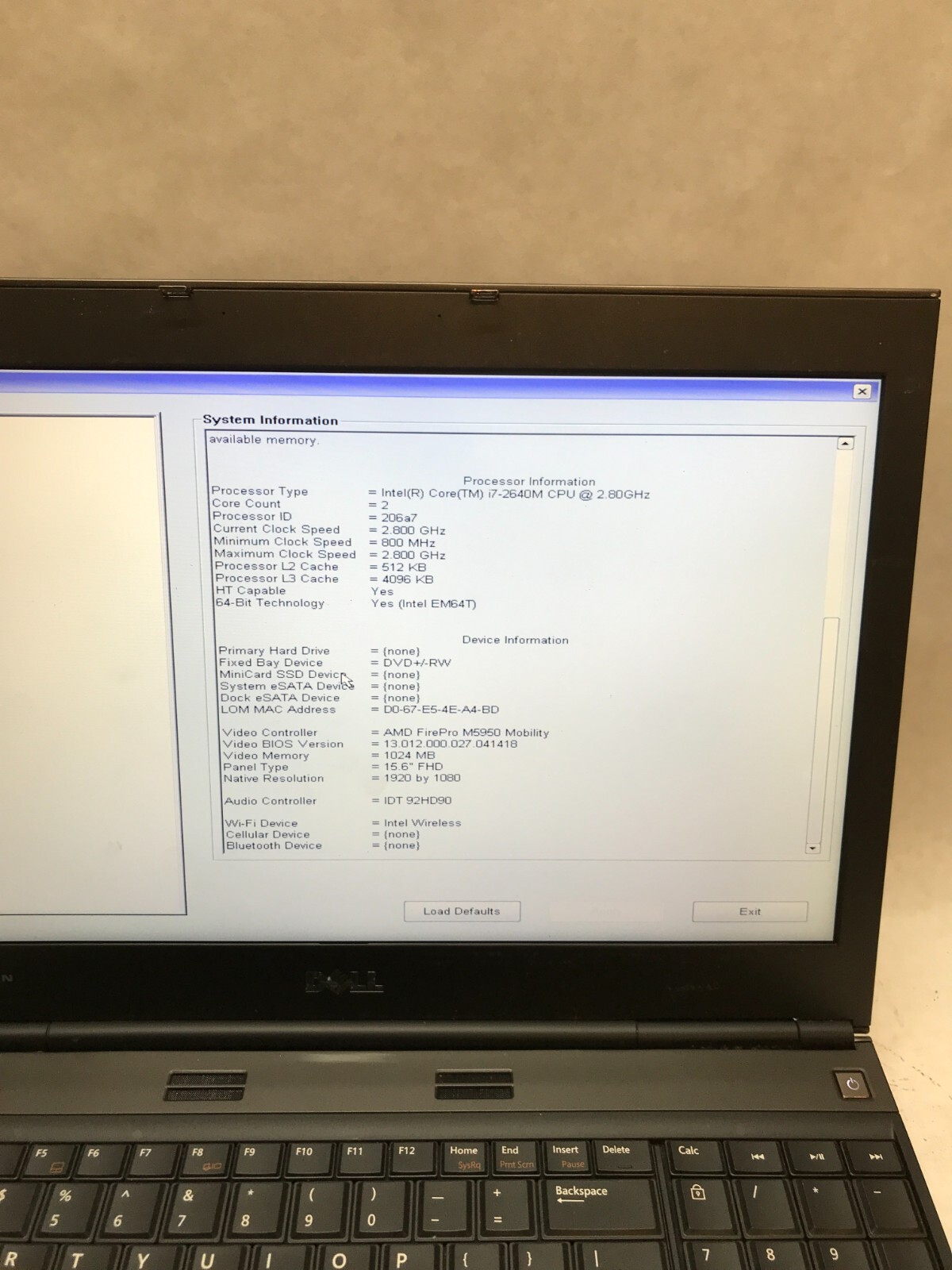 Dell Precision M4600 15″ Laptop i7-2640M 2.8GHz 4GB RAM NO HDD/OS AMD FirePro DW