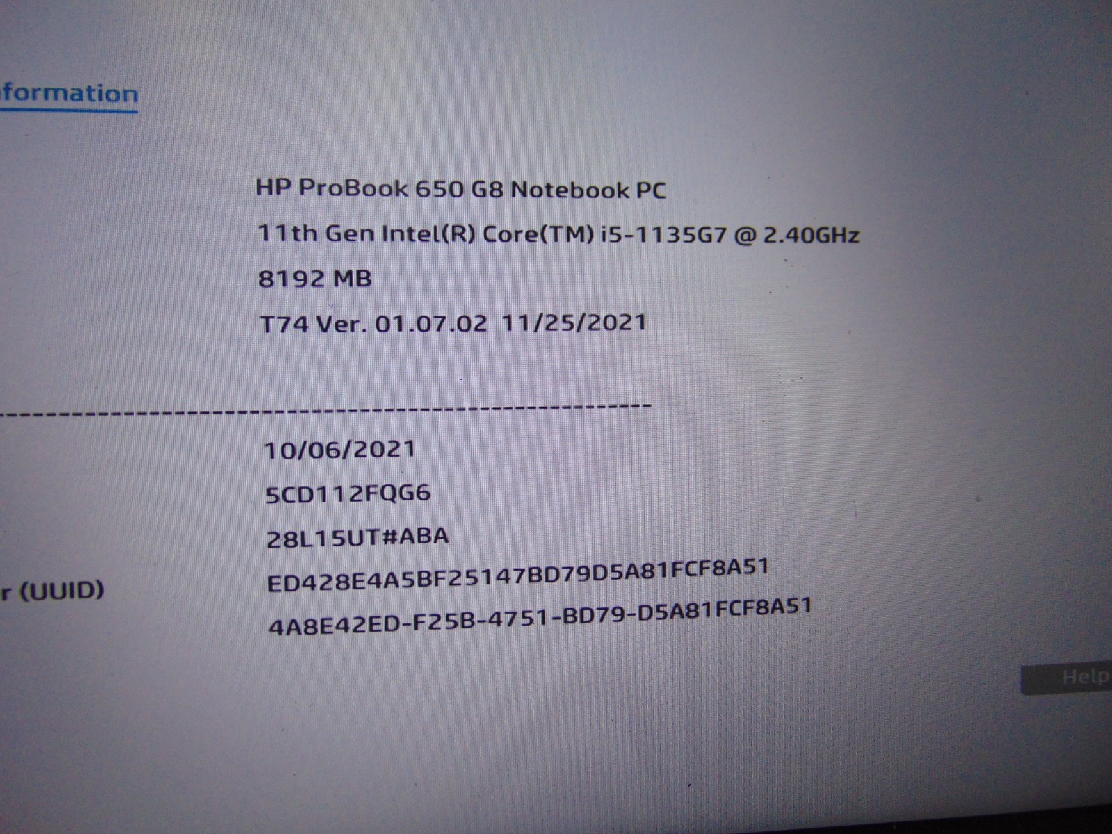 HP ProBook 650 G8 Intel Core i5-1135G7 2.4GHz 8GB/ No HD, OS, Chrgr/ SEE DESCRIP