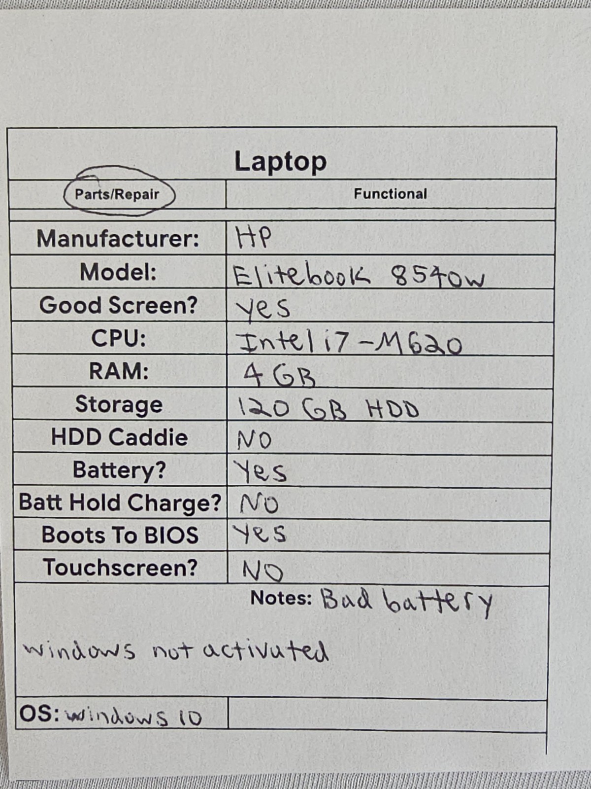 HP EliteBook 8540W Laptop – Intel i7-M620 – 4GB RAM – 120GB HDD – BAD BATT -READ