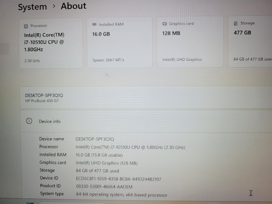 HP ProBook 430 G7 Core i7-10510U 1.80 GHz 16 GB DDR4 512 NVMe Windows 11 Pro