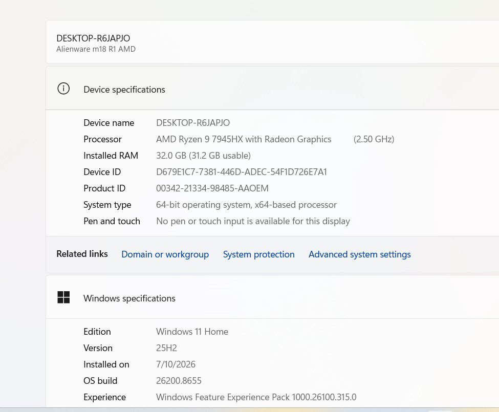 Alienware m18 R1 AMD 18″ FHD+ 480hz AMD Ryzen 9 7945HX 32GB 1TB RX 7900M 16GB