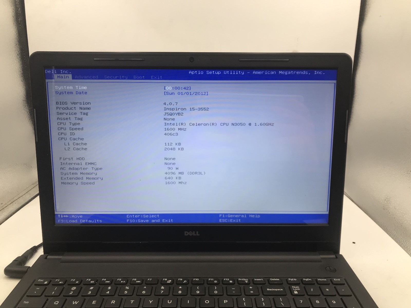 DELL INSPIRON 15 3552 – BOOTS TO BIOS – INTEL CELERON N3050 – 4GB RAM – READ -BB