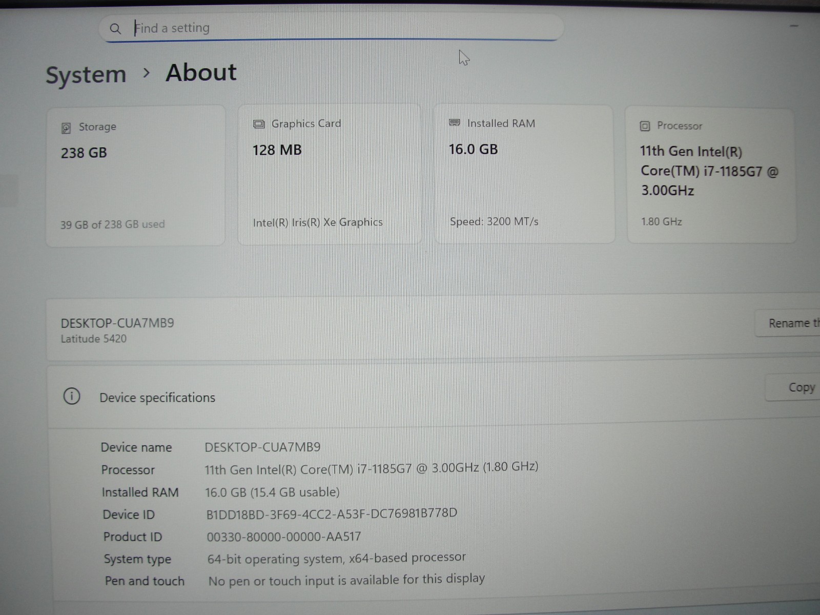 Dell Latitude 5420 14”FHD Intel Core i7-1185G7 3GHz 16GB RAM 256GB SSD+Charger