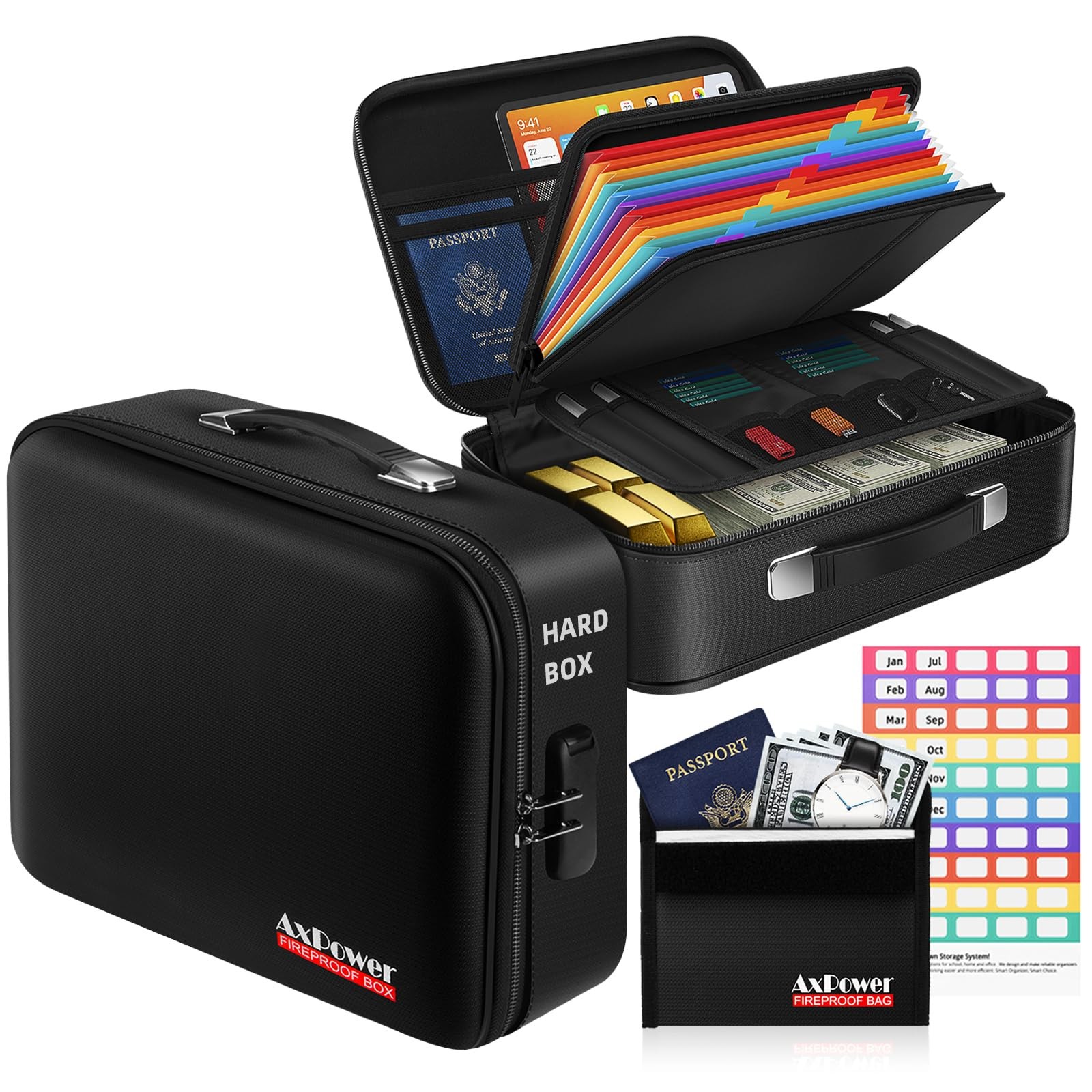 Fireproof Document Box Hard Case w/ Lock, Multi-Layer Fire Water Resistant Safe