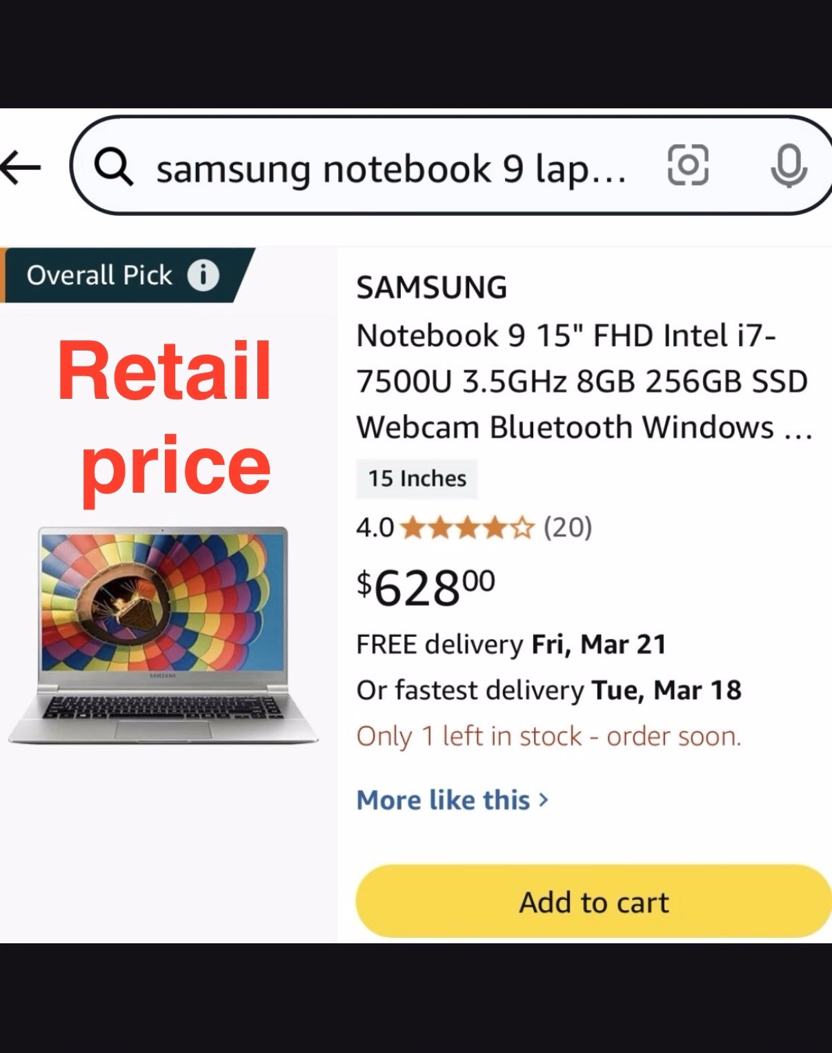 Samsung Notebook 9 15″ FHD i7-7500U 16GB RAM 256GB SSD Windows Silver
