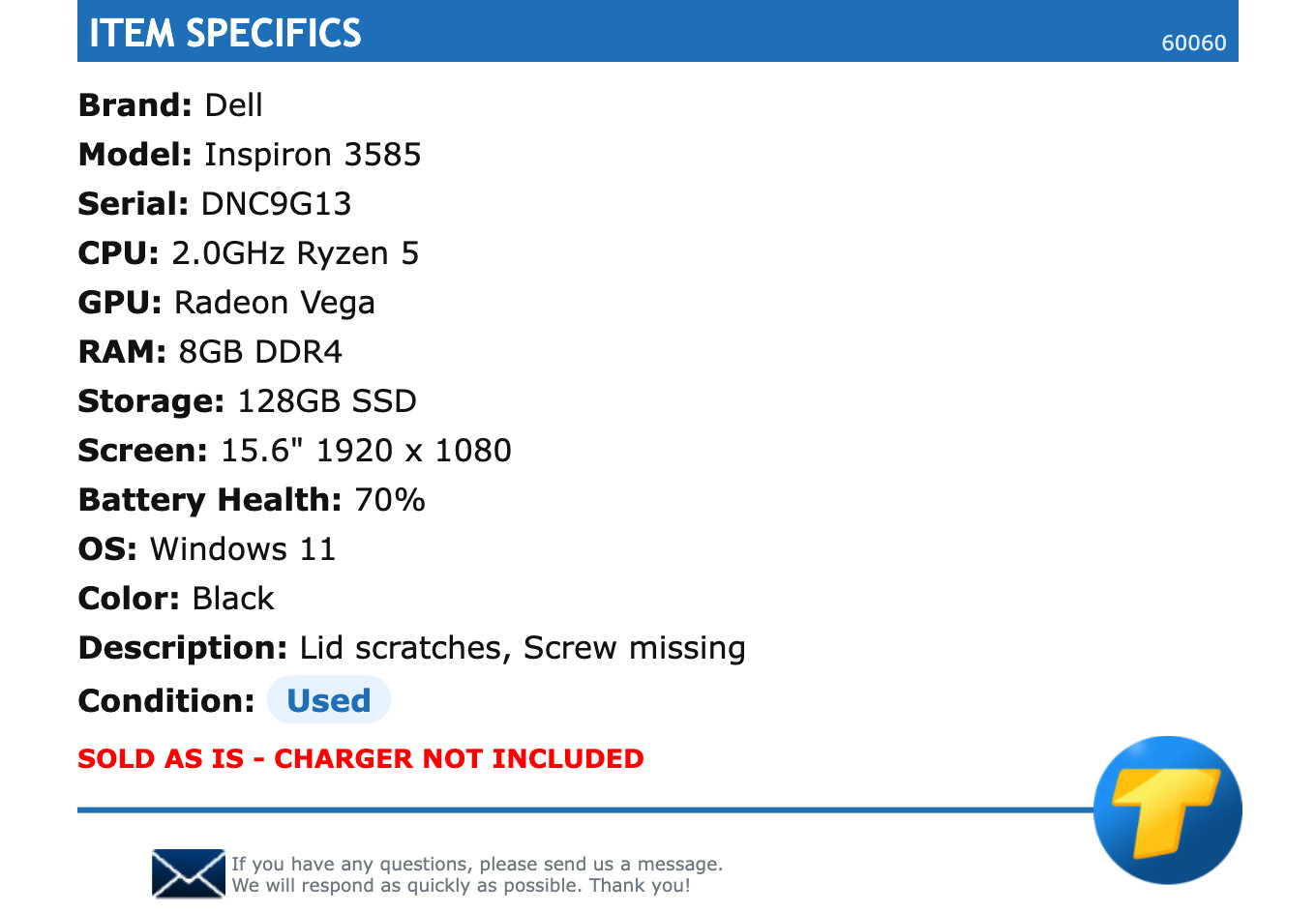 Dell Inspiron 3585 – 15.6″ FHD, 2.0GHz Ryzen 5, 8GB RAM, 128GB SSD, Windows 11