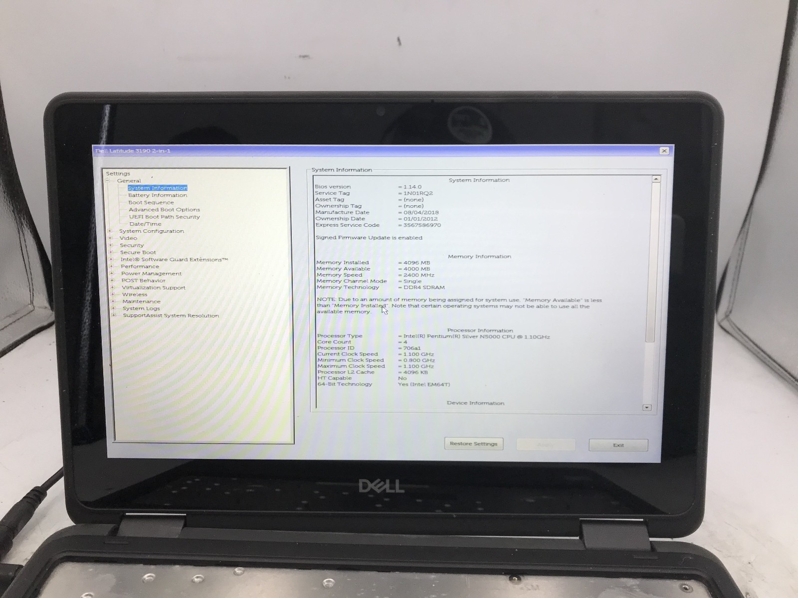 DELL LATITUDE 3190 -BOOTS TO BIOS- INTEL PENTIUM SILVER N5000 – 4GB RAM -READ-BB