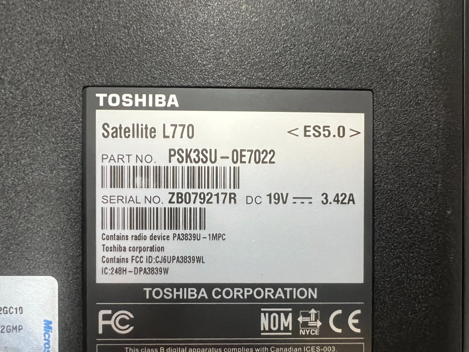 Toshiba Satellite L770 I5-2430m 2.40GHz 4 GB Ram No OS No HDD