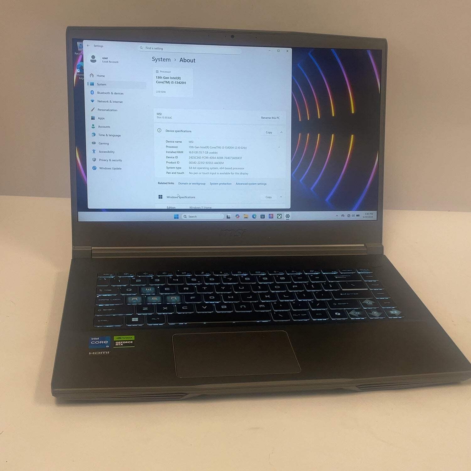 MSI Thin 15 B13UC 15.6″ i5-13420H 2.1GHz 16GB RAM 512GB SSD