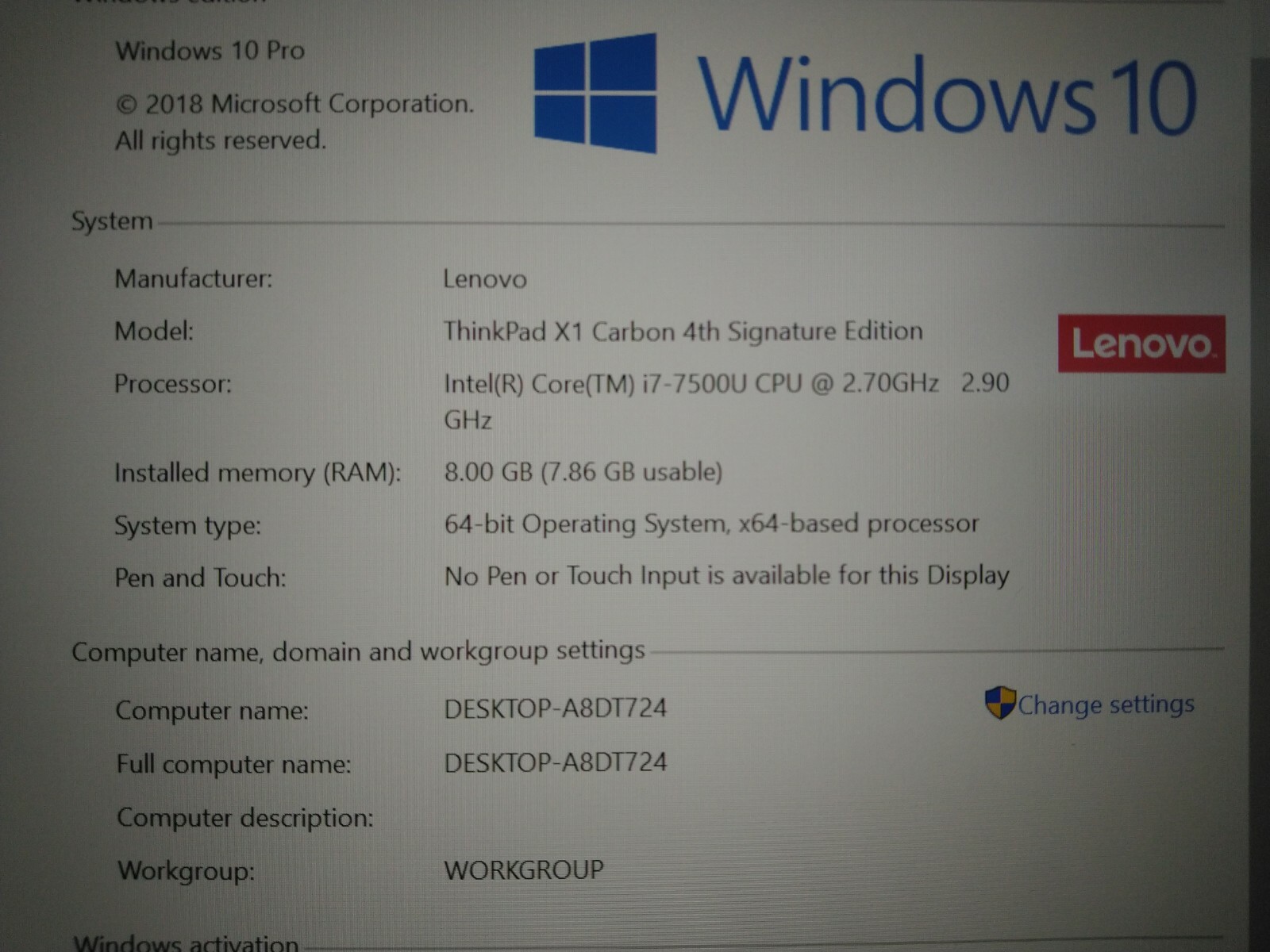 Lenovo Thinkpad X1, Intel i7 (7th gen) 7500u, 512gb ssd, 8gb win 10/11 pro