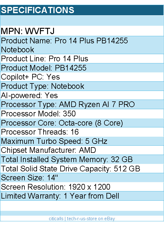 Dell WVFTJ Pro 14 Plus PB14255 14″ Clamshell Copilot+ PC Notebook – Full HD Plus
