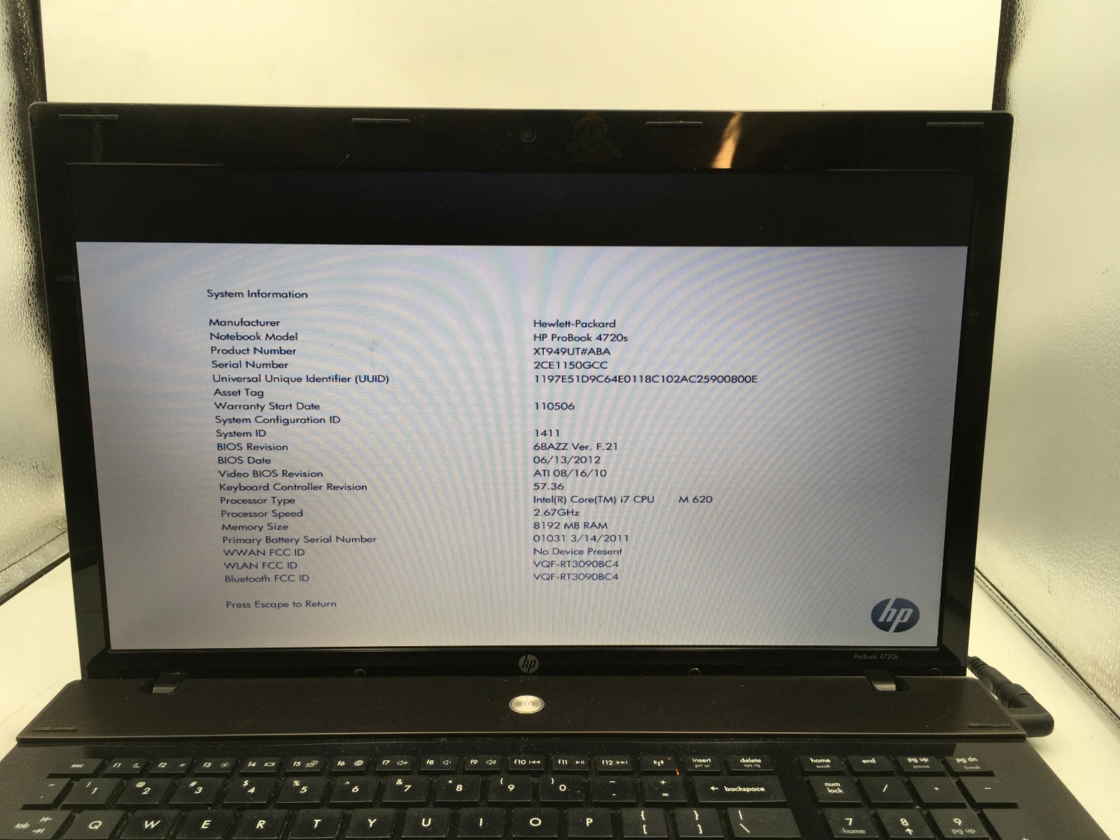HP PROBOOK 4720S – BOOTS TO BIOS/BIOS LOCK – INTEL I7 M620 – 8GB RAM – READ – BB