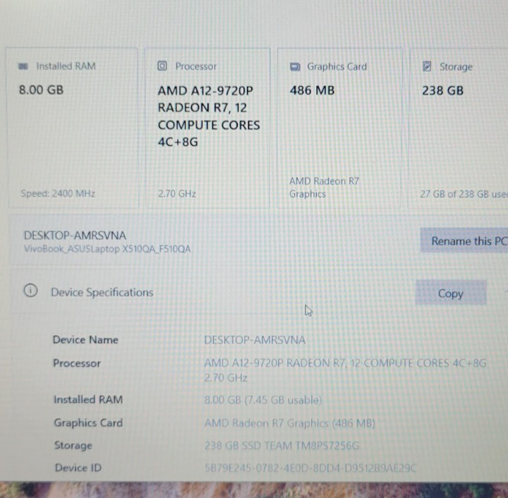 ASUS VivoBook F510QA 15.6in. 2.7 GHz AMD A12-9720P A12 8GB 256GB SSD Working