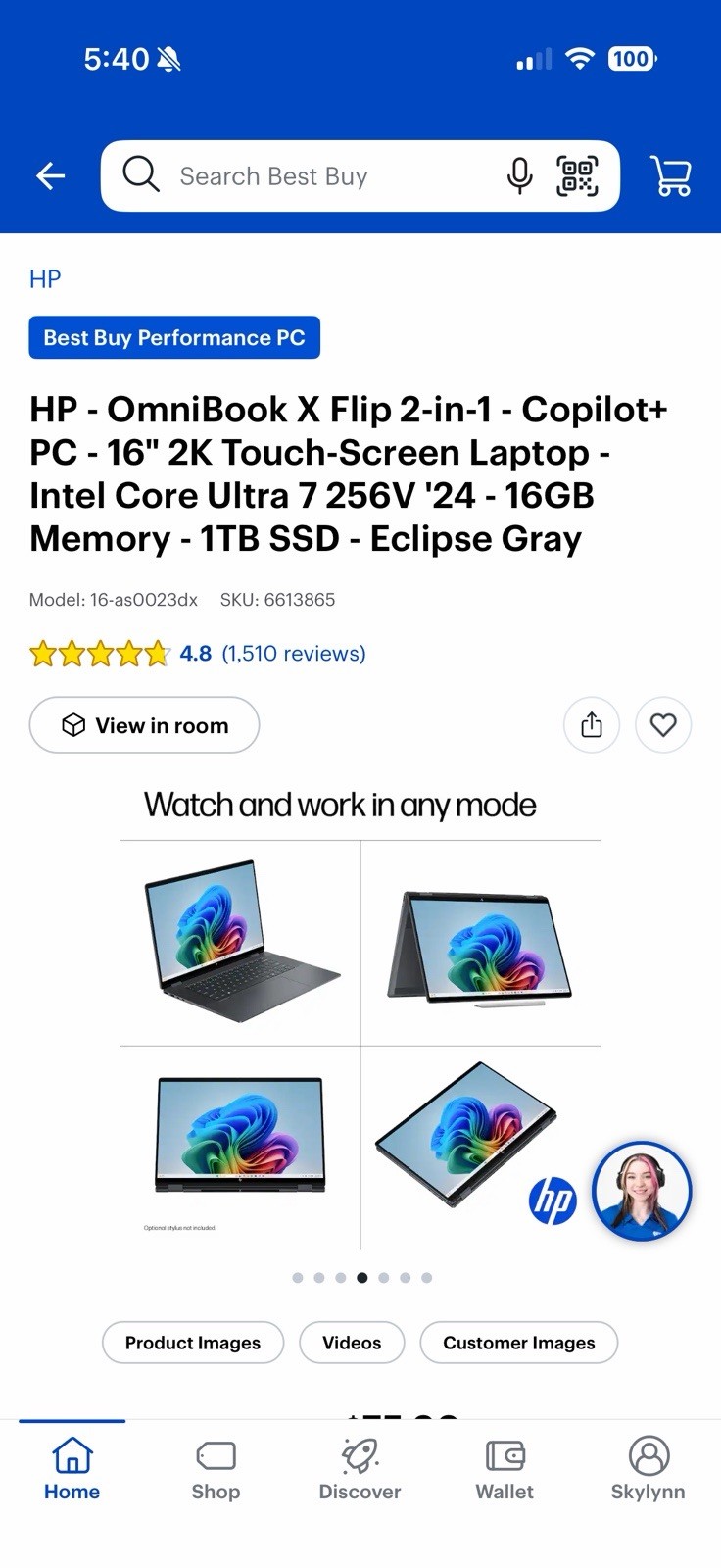 HP OmniBook X Flip 2-in-1 16″ Touchscreen Laptop Core Ultra 7 16GB 1TB SSD