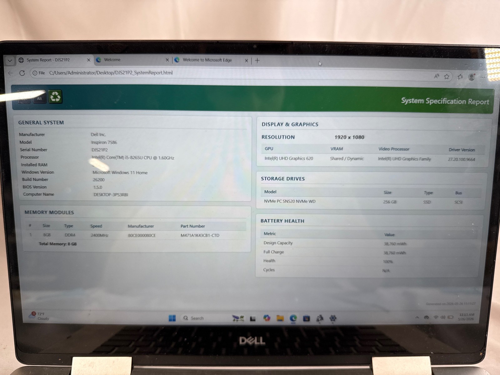 Dell Inspiron 7586 2-in-1 i5-8265U 8GB 256GB SSD 15.6in Touch 100% Bat
