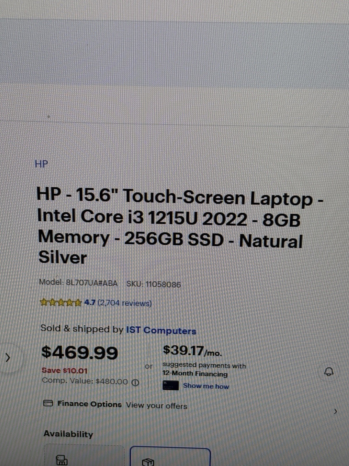 HP 15.6″ Touchscreen Laptop i3-1215U 8GB RAM 256GB SSD Silver Win 11