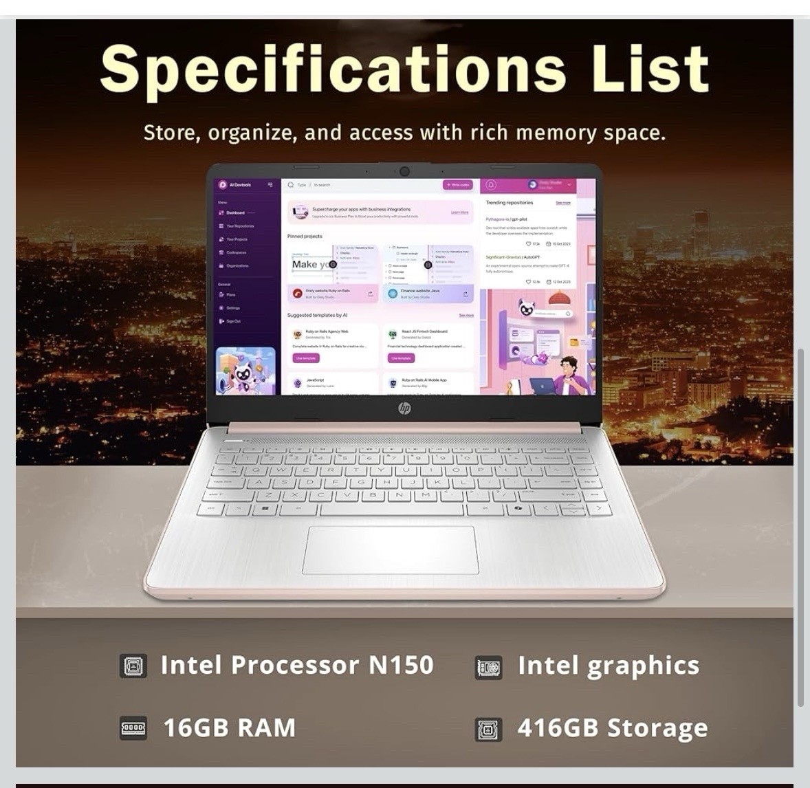HP 14″ Laptop 4-Cores Intel N150 3.6GHz 4GB RAM 128GB UFS 14-dq6015dx Win11