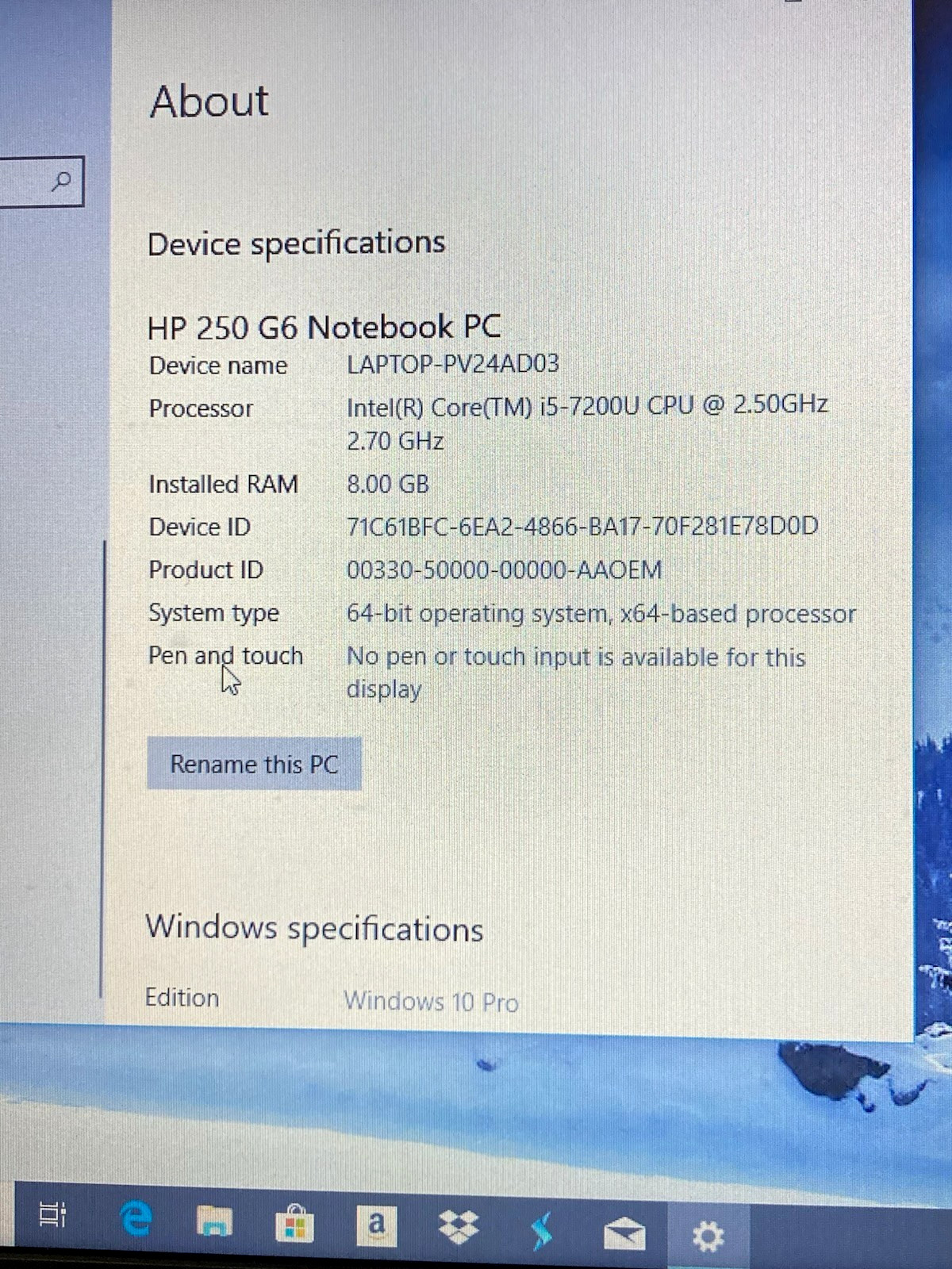 HP 250 G6 Notebook PC Core i5-7200u @ 2.50GHz 8GB RAM SN: CND8375BXT